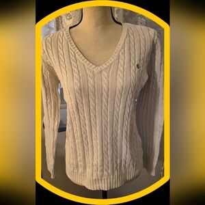 Lauren Ralph Lauren Ivory Cable Knit/Cotton V Neck Sweater